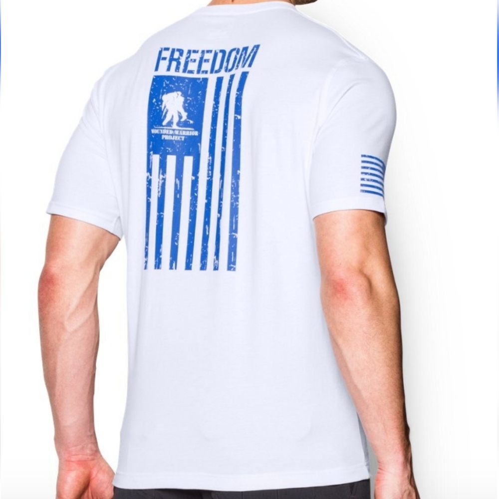 Under Armour Freedom Flag Tshirt Size 2X White with Wounded Warriors Blue Logo